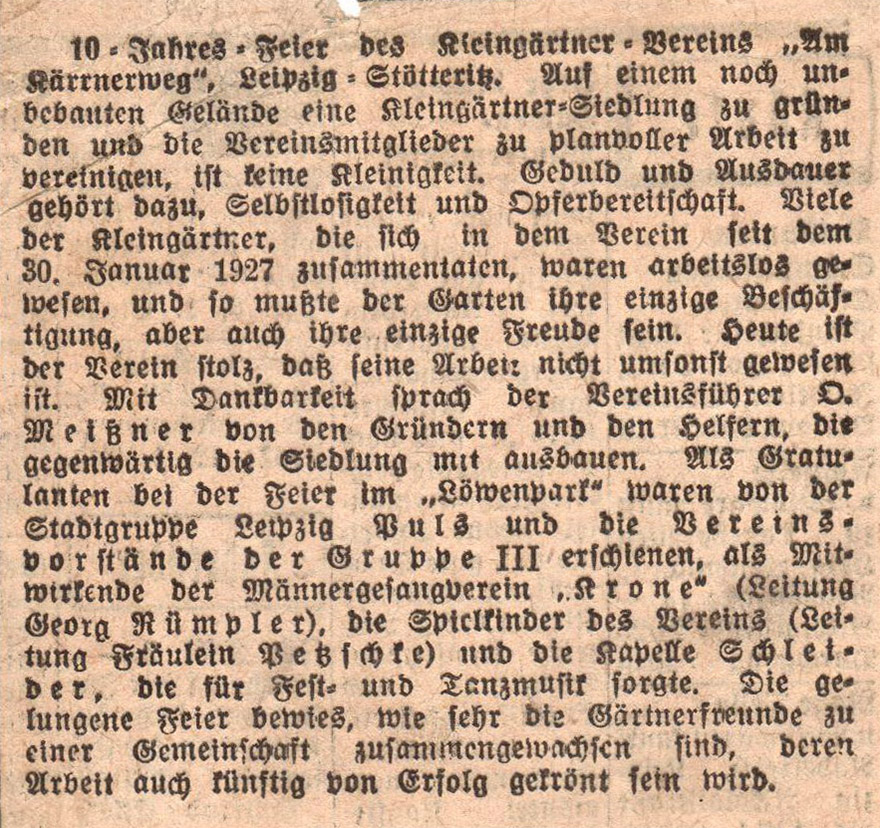 1937 Pressemitteilung zur 10-Jahresfeier des Vereins